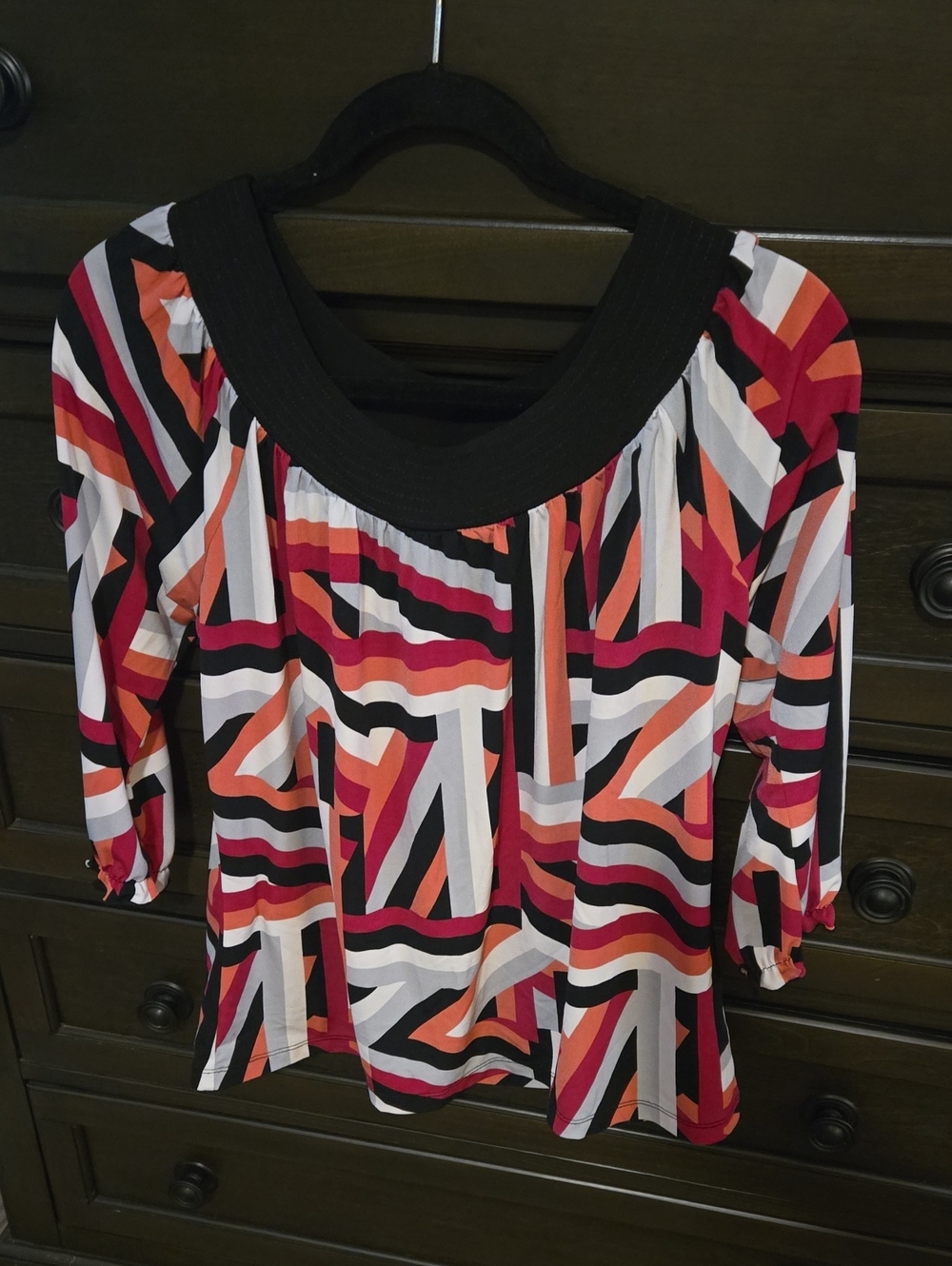 Patterned Off-Shoulder Top in Black, Pink & Orange